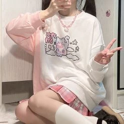 Juwas Playful Pixel Cat Printed Oversize Sweater