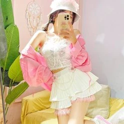 Juwas Floral Embroidery White Ruffles High Waist Skirt