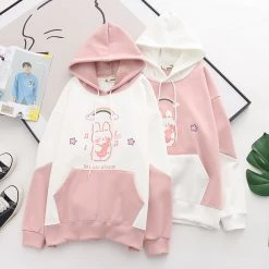 Juwas Rainbow Rabbit Print Pocket Warm Hoodie CLOTHING