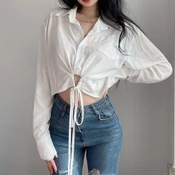 Juwas Chic White Waist Tie Crop Top Shirt