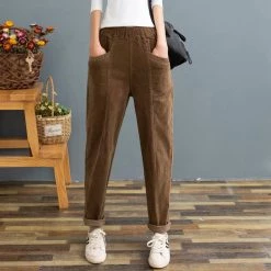 Juwas Pure Color Corduroy Elastic Waist Pants CLOTHING