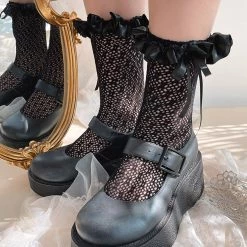 Juwas Romantic Satin Ruffles Lace Lolita Stockings CLOTHING