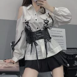 Juwas NEW ARRIVAL Vintage Lace Up Off-The-Shoulder Streetwear Shirt