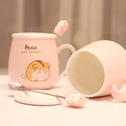 Juwas Pastel Pink Hamster Mug With Lid And Spoon