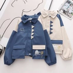 Juwas Japanese Cat Embroidery Pocket Loose Jacket