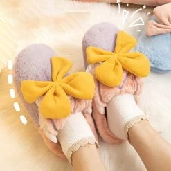 Juwas Shoes Fuzzy Bowknot Cotton Slipper