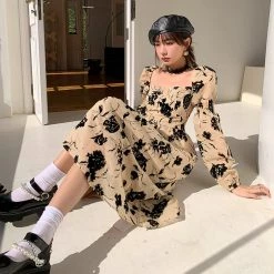 Juwas Vintage Beige Floral Puff Sleeve Dress CLOTHING