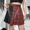 Juwas Gothic Streetwear Red Plaid Patchwork Pleated Mini Skirt CLOTHING