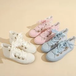 Juwas NEW ARRIVAL Pastel Ribbon Lace High Cut Sneakers