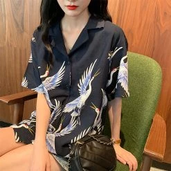Juwas Vintage Crane Print Loose Shirt
