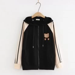 Juwas Bear Embroidery Zip Up Hooded Jacket