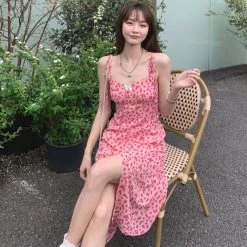 Juwas Pink Leopard Spaghetti Maxi Dress