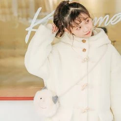 Juwas Kawaii White Fluffy Fur Hooded Winter Coat CLOTHING