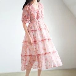 Juwas Peach Floral Ruffle Midi Dress CLOTHING
