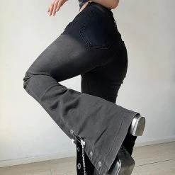 Juwas Street Chain Wide Leg Black Denim Jeans