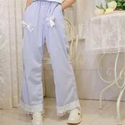Juwas Bow Knot Lace Edge Corduroy Ninth Pants