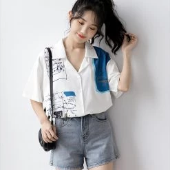 Juwas NEW ARRIVAL Vintage Print Chiffon Short Sleeve Shirt