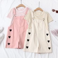 Juwas Side Hearts Overalls And Striped Shirt Set