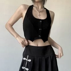 Juwas Retro Black Button Up Halter Crop Top NEW ARRIVAL