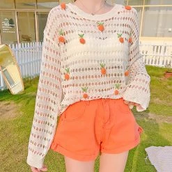 Juwas NEW ARRIVAL Strawberry Mesh Hole Loose Sweater Blouse