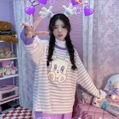 Juwas NEW ARRIVAL Sparkly Eyes Bear Striped Sweatshirt