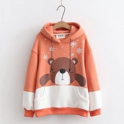 Juwas Cute Bear Snowflake Print Pocket Hoodie CLOTHING