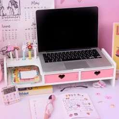 Juwas Kawaii Hearts Pink Wooden Desk Organizer