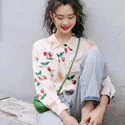 Juwas Vintage Style Cherries Long Sleeve Shirt