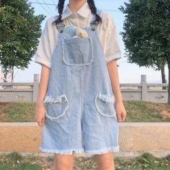 Juwas CLOTHING Basic Tattered Denim Pocket Overall Shorts
