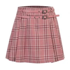 Juwas Chic Pink Plaid Buckle Belt Mini Skirt NEW ARRIVAL