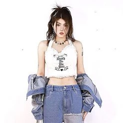 Juwas Letters Embroidery Lace Tops