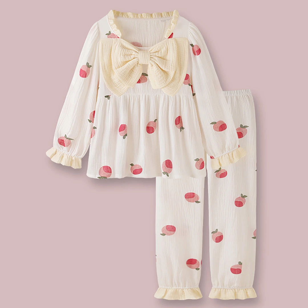 Juwas CLOTHING Peach Print Bowknot Cotton Pajamas Set 3 Juwas CLOTHING Peach Print Bowknot Cotton Pajamas Set