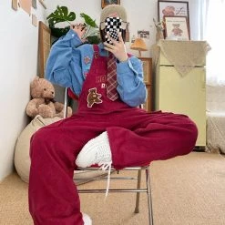 Juwas NEW ARRIVAL Grizzly Bear Velvet Overalls Pants