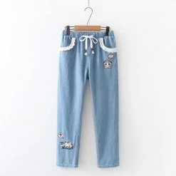 Juwas Tired Kitty Lace Pocket Ruffles Denim Pants CLOTHING
