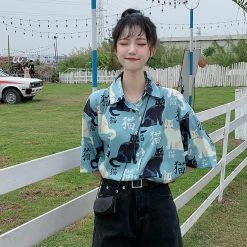 Juwas Japanese Cat Print Loose Shirt NEW ARRIVAL