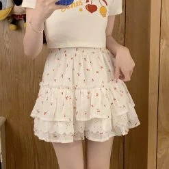Juwas Kawaii Cherry Print Ruffles Hight Waist Skirt NEW ARRIVAL