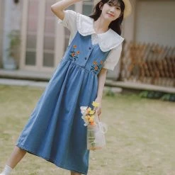 Juwas NEW ARRIVAL Japanese Doll Collar Floral Embroidery Loose Denim Dress