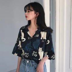 Juwas Vintage Cat Print Feline Button Up Shirt NEW ARRIVAL 17 Juwas Vintage Cat Print Feline Button Up Shirt NEW ARRIVAL