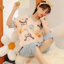 Juwas NEW ARRIVAL Cute Cartoon Cow Print Summer Cotton Pajamas Set