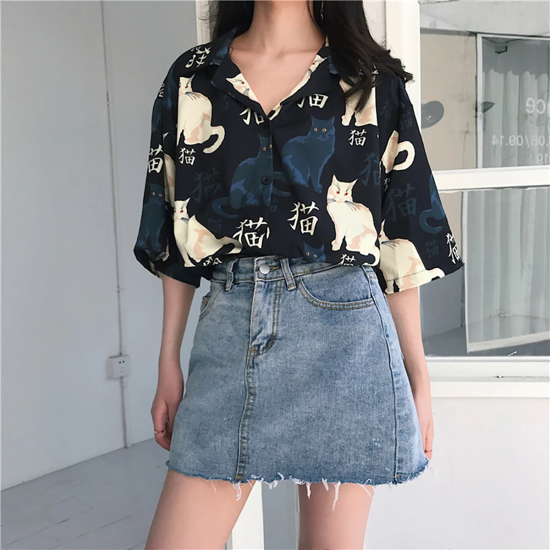 Juwas Vintage Cat Print Feline Button Up Shirt NEW ARRIVAL 10 Juwas Vintage Cat Print Feline Button Up Shirt NEW ARRIVAL