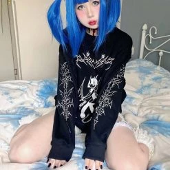 Juwas Gothic Harajuku Print Black Sweater NEW ARRIVAL