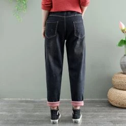 Juwas Pants Retro Fishes Embroidery Elastic Waist Jeans
