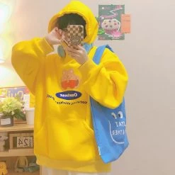 Juwas NEW ARRIVAL Cartoon Bear Yellow Pocket Loose Hoodie