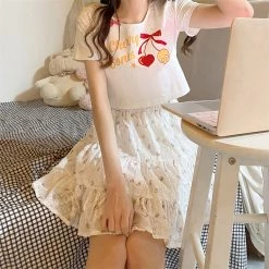 Juwas NEW ARRIVAL Sweet Cherry Print Cotton Short T-shirt