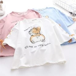 Juwas.com Online Store NEW ARRIVAL Kawaii Girls' Corgi Print Laced Sleeves Soft T-shirt Top