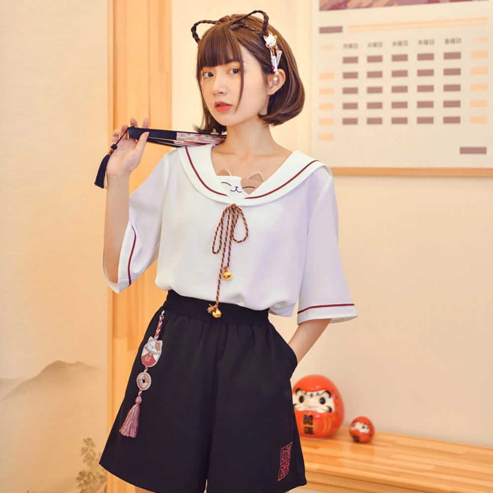 Juwas Kawaii Sailor Lucky Cat Tassel Shirt 3 Juwas Kawaii Sailor Lucky Cat Tassel Shirt