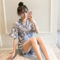 Juwas Chic Blue Floral Robe And Shorts Set CLOTHING