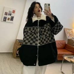 Juwas Gothic Black Checkered Button Up Loose Coat NEW ARRIVAL