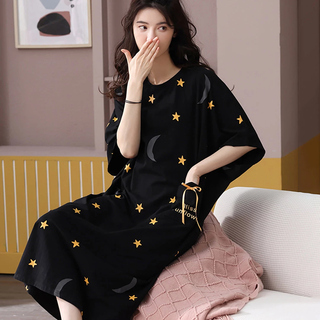 Juwas NEW ARRIVAL Lovely Rabbit Moon Stars Print Pocket Loose Summer Pajamas Dress 6 Juwas NEW ARRIVAL Lovely Rabbit Moon Stars Print Pocket Loose Summer Pajamas Dress