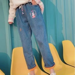 -Juwas NEW ARRIVAL Elastic Waist Rabbit And Carrot Embroidery Jean